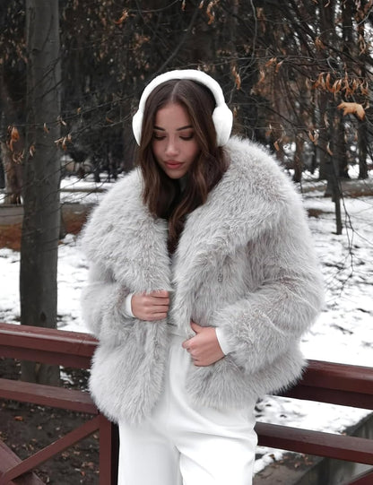 Flygo Women's Faux Fur Coat Fluffy Faux Fur Jacket Long Sleeve Lapel Furry Winter Jackets Shaggy Parka Short Coat