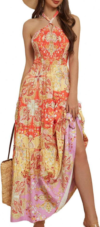 GRACE KARIN Women's Summer Dresses 2025 Halter Neck Sleeveless Smocked Backless Cut Out Floral Flowy A Line Maxi Dress