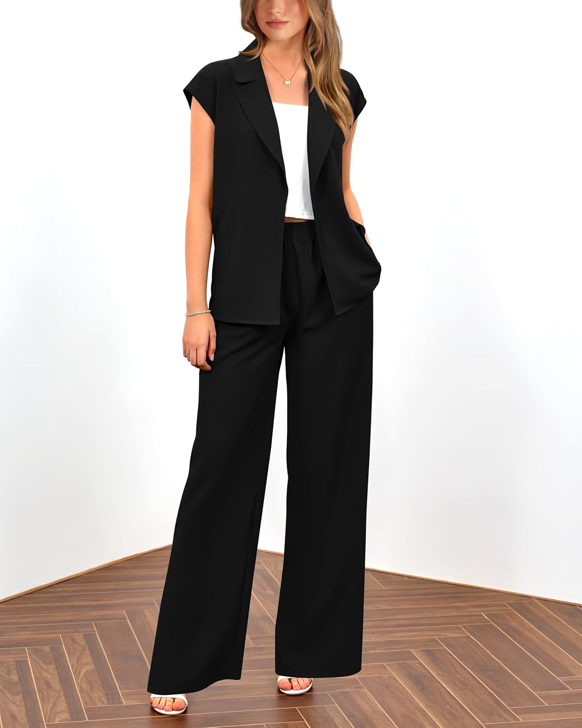 PRETTYGARDEN Women's Summer 2 Piece Outfits 2025 Cap Sleeve V Neck Blazer Vest Wide Leg Pant Sets Office Work Clothes