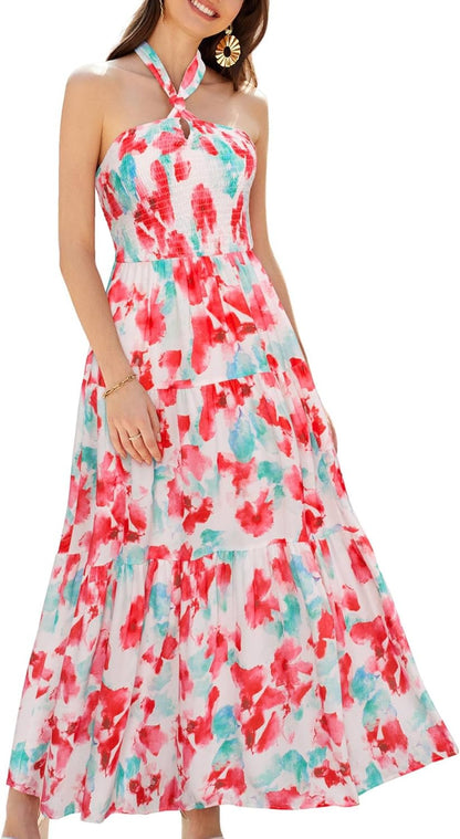 GRACE KARIN Women's Summer Dresses 2025 Halter Neck Sleeveless Smocked Backless Cut Out Floral Flowy A Line Maxi Dress