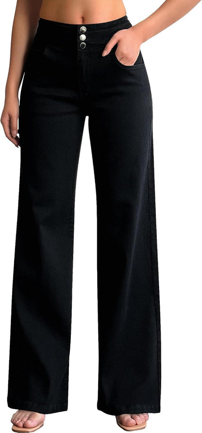 roswear Women's Wide Leg Jeans Casual High Waisted Stretch Baggy Loose Denim Pants