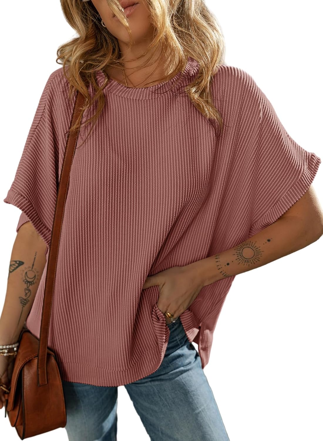 Dokotoo Women's Casual Oversized Short Sleeve Solid Color Loose Texture Knit Tunic Tops Blouses