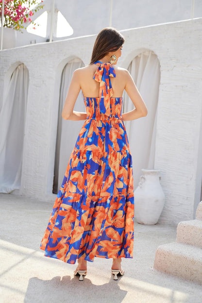 GRACE KARIN Women's Summer Dresses 2025 Halter Neck Sleeveless Smocked Backless Cut Out Floral Flowy A Line Maxi Dress