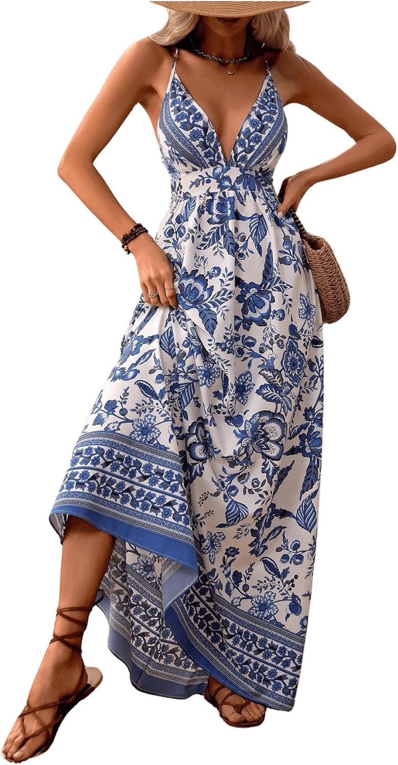 MakeMeChic Women's Boho V Neck Sleeveless Maxi Sundress Floral Print Criss Cross Backless Flare Cami Dress