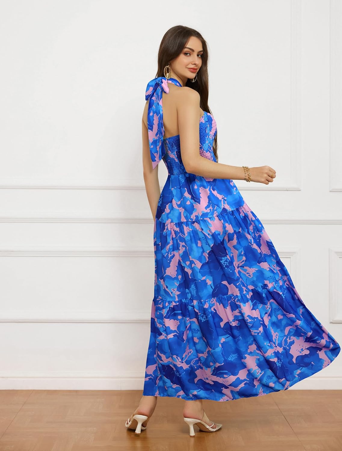GRACE KARIN Women's Summer Dresses 2025 Halter Neck Sleeveless Smocked Backless Cut Out Floral Flowy A Line Maxi Dress