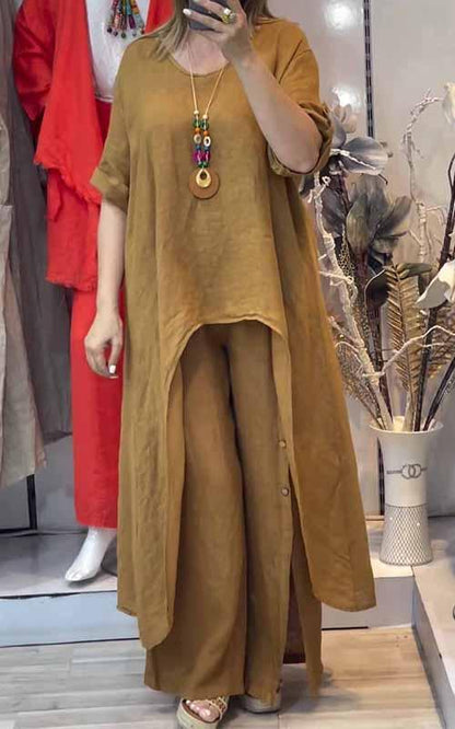 Women's Round Neck Long Cotton and Linen Two Piece Suit