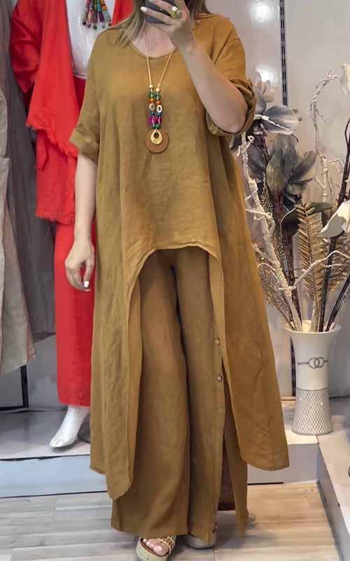 Women's Round Neck Long Cotton and Linen Two Piece Suit