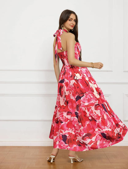 GRACE KARIN Women's Summer Dresses 2025 Halter Neck Sleeveless Smocked Backless Cut Out Floral Flowy A Line Maxi Dress