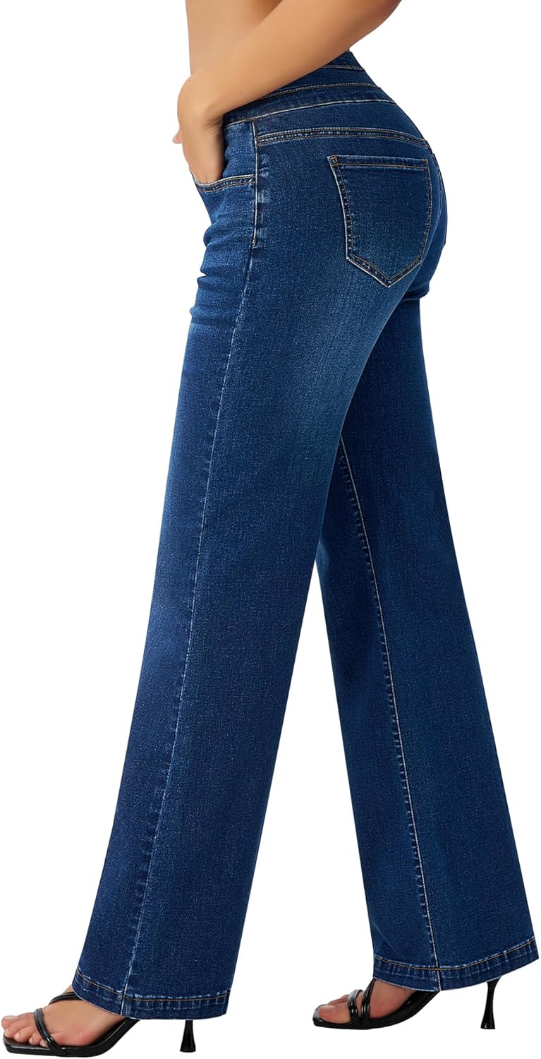 roswear Women's Wide Leg Jeans Casual High Waisted Stretch Baggy Loose Denim Pants