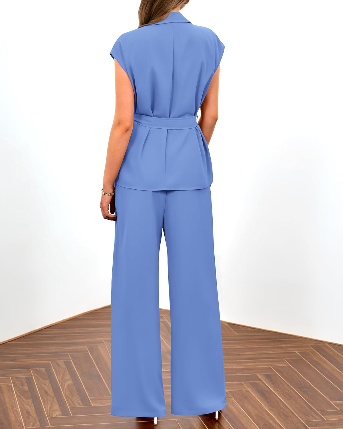 PRETTYGARDEN Women's Summer 2 Piece Outfits 2025 Cap Sleeve V Neck Blazer Vest Wide Leg Pant Sets Office Work Clothes