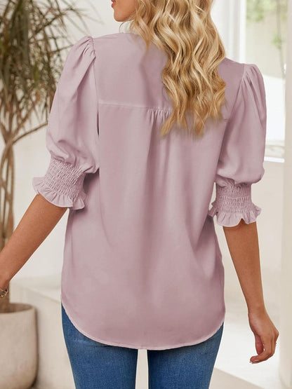 Women's Solid Casual V Neck Puff Sleeve Shirts (Buy 2 Free Shipping)