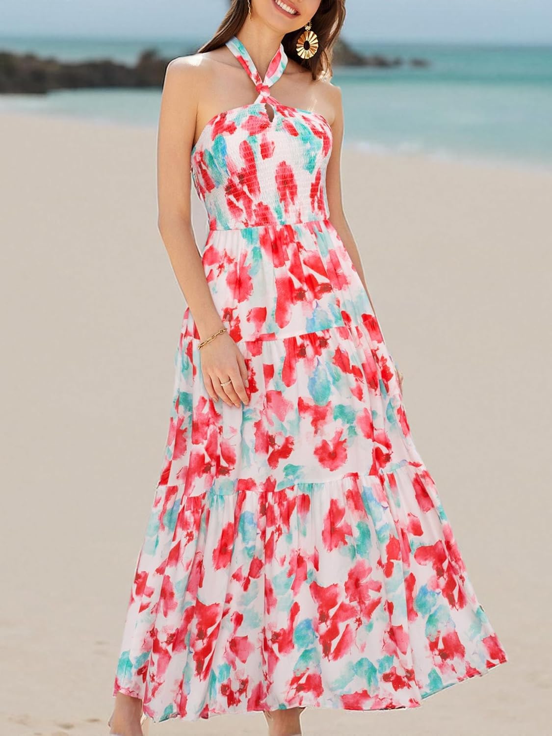 GRACE KARIN Women's Summer Dresses 2025 Halter Neck Sleeveless Smocked Backless Cut Out Floral Flowy A Line Maxi Dress