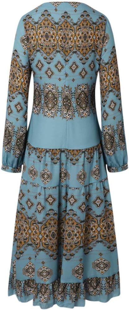 Women's Flowy Ethnic Puff Long Sleeve Midi Dress Casual Boho Floral Swing V-Neck Vacation Ruffle Dress with Belt