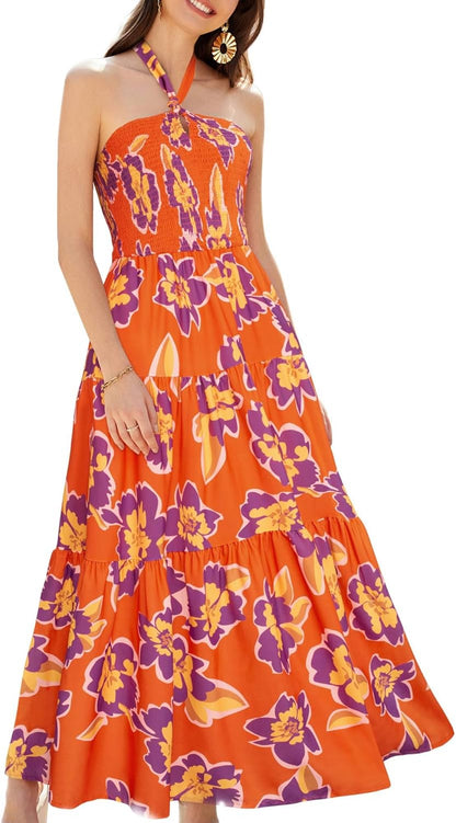 GRACE KARIN Women's Summer Dresses 2025 Halter Neck Sleeveless Smocked Backless Cut Out Floral Flowy A Line Maxi Dress