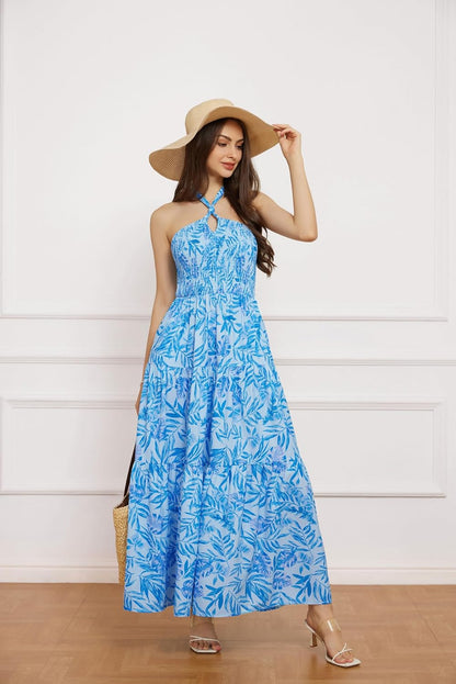 GRACE KARIN Women's Summer Dresses 2025 Halter Neck Sleeveless Smocked Backless Cut Out Floral Flowy A Line Maxi Dress