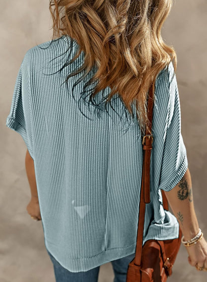 Dokotoo Women's Casual Oversized Short Sleeve Solid Color Loose Texture Knit Tunic Tops Blouses