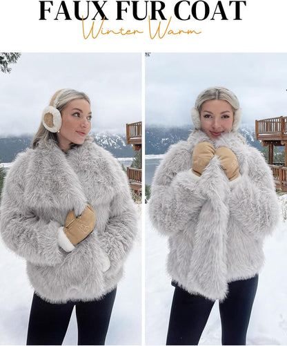 Flygo Women's Faux Fur Coat Fluffy Faux Fur Jacket Long Sleeve Lapel Furry Winter Jackets Shaggy Parka Short Coat