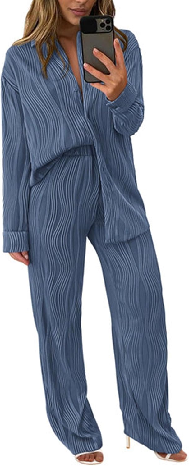 Women's 2 Piece Textured Sets Casual Button Down Shirt Wide Leg Pants Outfit Loungewear Tracksuit