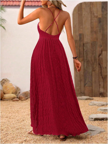 MakeMeChic Women's Boho V Neck Sleeveless Maxi Sundress Floral Print Criss Cross Backless Flare Cami Dress