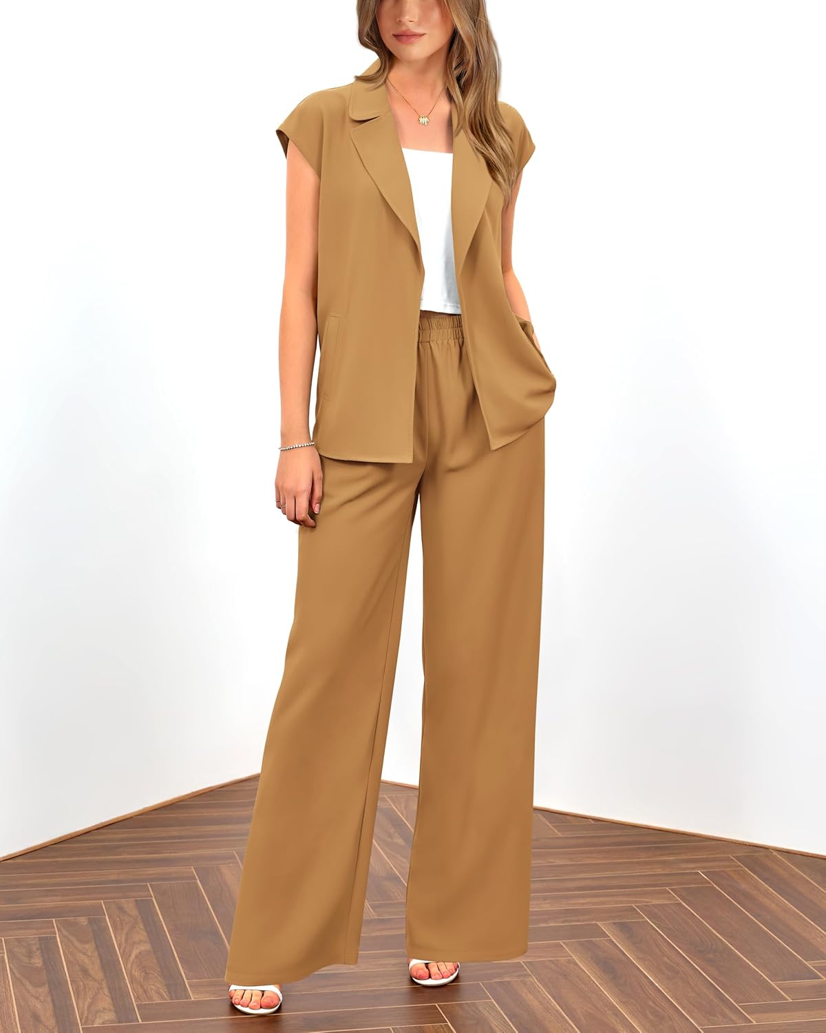 PRETTYGARDEN Women's Summer 2 Piece Outfits 2025 Cap Sleeve V Neck Blazer Vest Wide Leg Pant Sets Office Work Clothes
