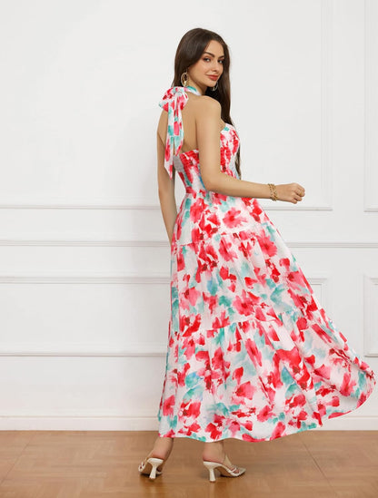 GRACE KARIN Women's Summer Dresses 2025 Halter Neck Sleeveless Smocked Backless Cut Out Floral Flowy A Line Maxi Dress