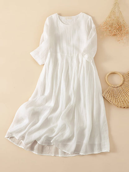 Ramie Solid Loose Pleated Dress