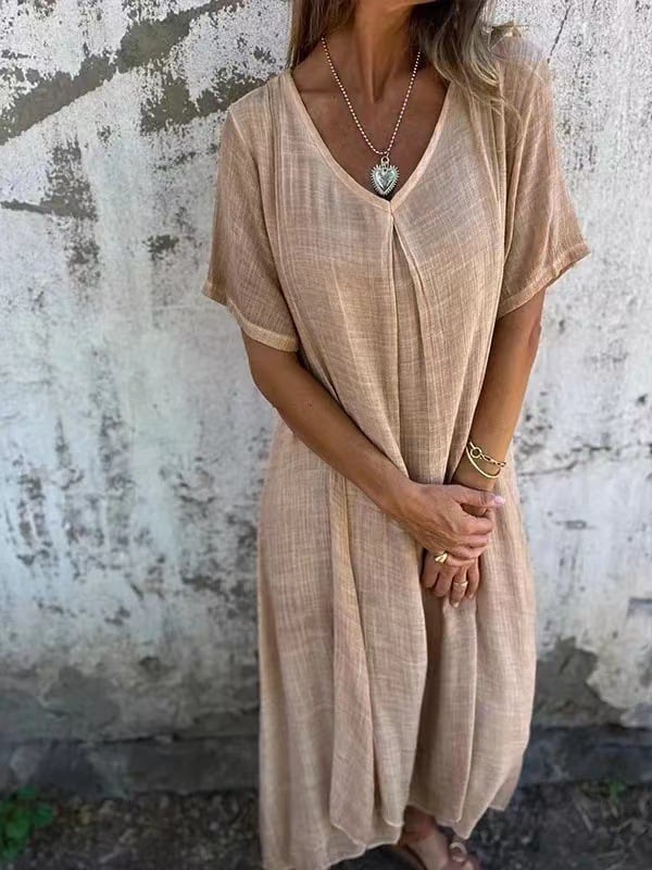 Cotton and Linen V-neck Midi Dress (Buy 2 Free Shipping)
