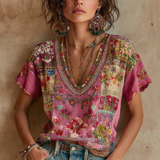 Women's Bohemian Floral Embroidery Art V-neck Linen Blend T-shirt