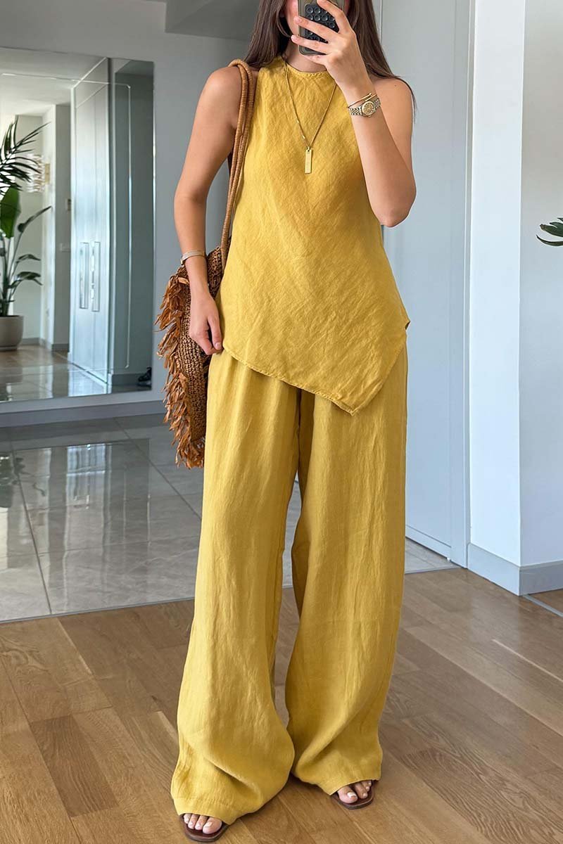 Women's casual irregular hem sleeveless cotton and linen two-piece set