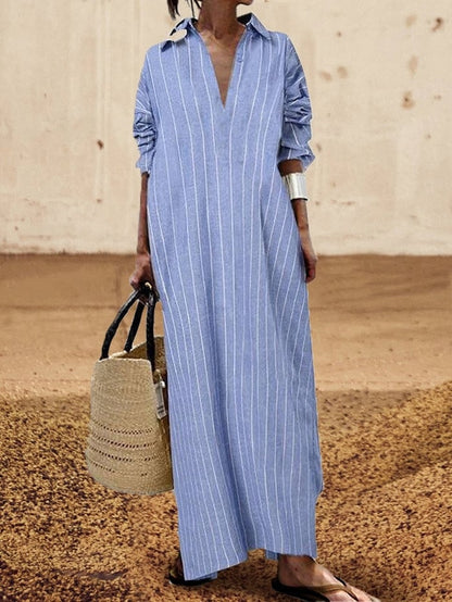 Women's Lapel Striped Loose Waist Long Skirt Cardigan Dress
