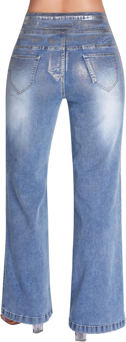 roswear Women's Wide Leg Jeans Casual High Waisted Stretch Baggy Loose Denim Pants