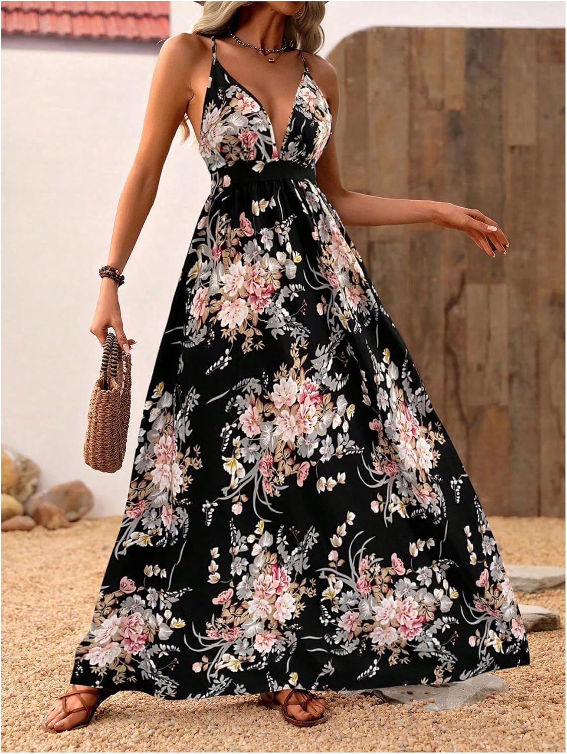 MakeMeChic Women's Boho V Neck Sleeveless Maxi Sundress Floral Print Criss Cross Backless Flare Cami Dress