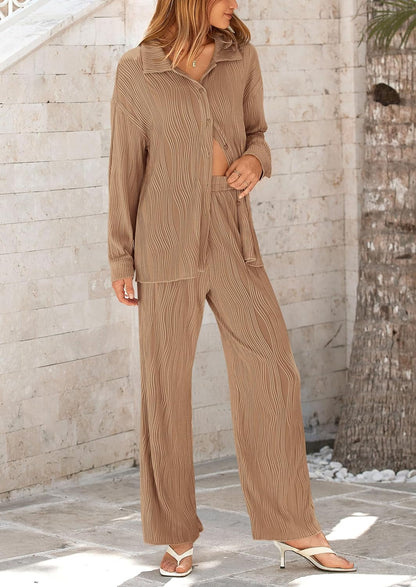 Women's 2 Piece Textured Sets Casual Button Down Shirt Wide Leg Pants Outfit Loungewear Tracksuit