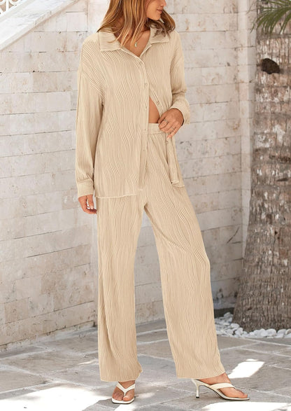Women's 2 Piece Textured Sets Casual Button Down Shirt Wide Leg Pants Outfit Loungewear Tracksuit