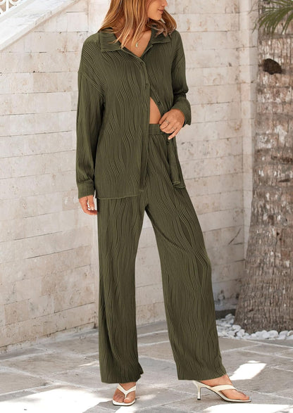 Women's 2 Piece Textured Sets Casual Button Down Shirt Wide Leg Pants Outfit Loungewear Tracksuit