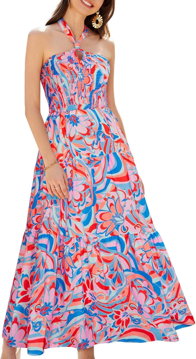 GRACE KARIN Women's Summer Dresses 2025 Halter Neck Sleeveless Smocked Backless Cut Out Floral Flowy A Line Maxi Dress