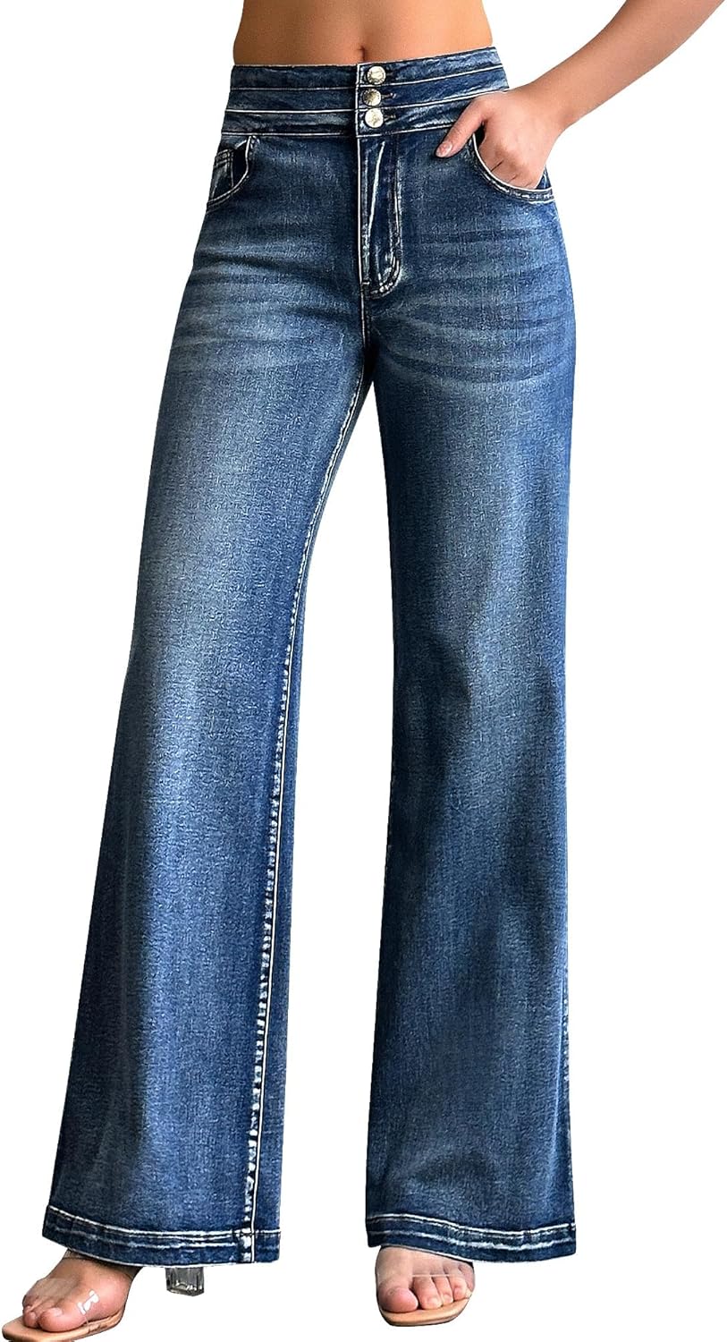 roswear Women's Wide Leg Jeans Casual High Waisted Stretch Baggy Loose Denim Pants