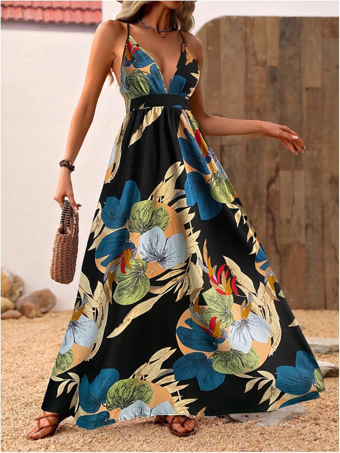 MakeMeChic Women's Boho V Neck Sleeveless Maxi Sundress Floral Print Criss Cross Backless Flare Cami Dress