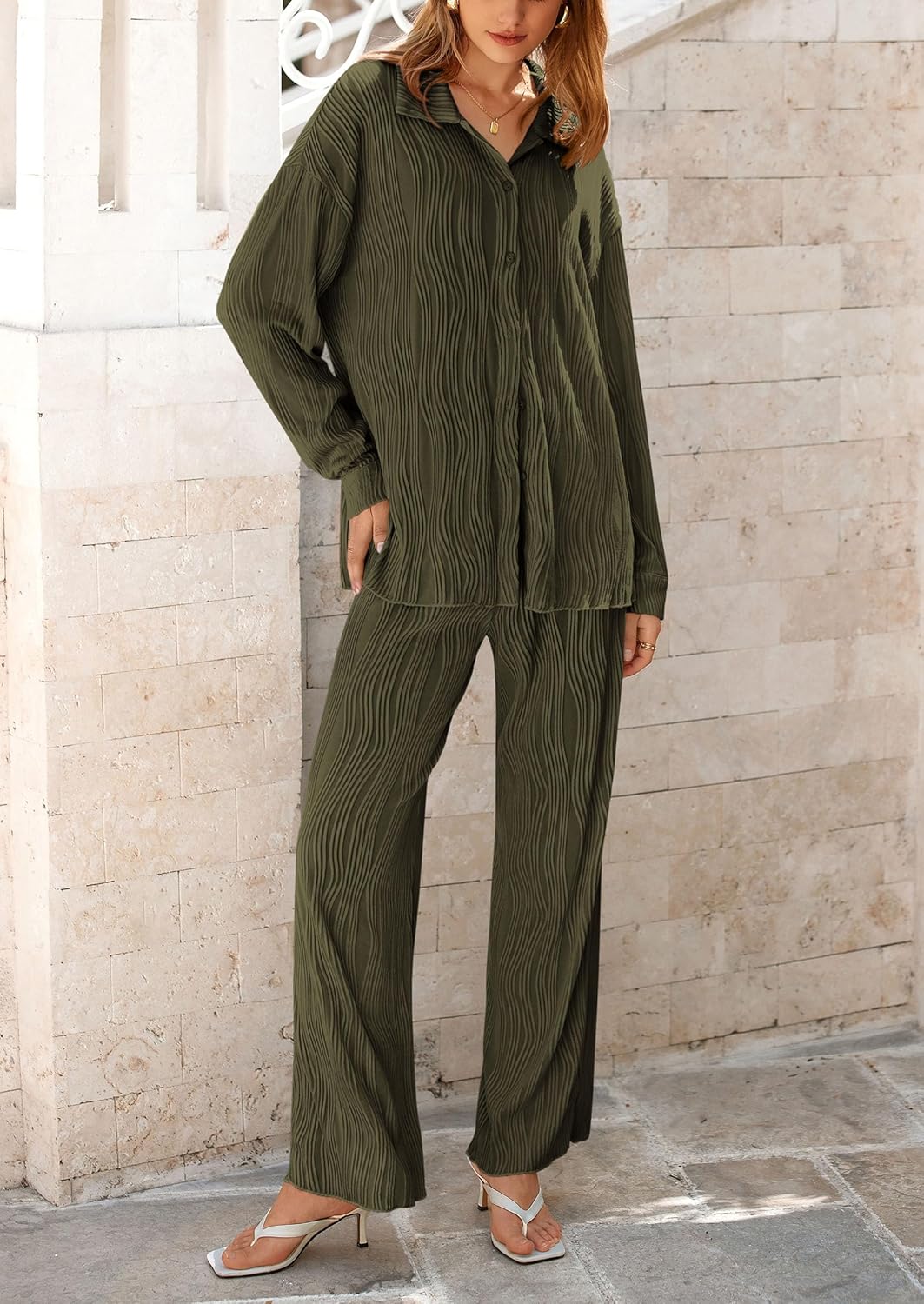 Women's 2 Piece Textured Sets Casual Button Down Shirt Wide Leg Pants Outfit Loungewear Tracksuit