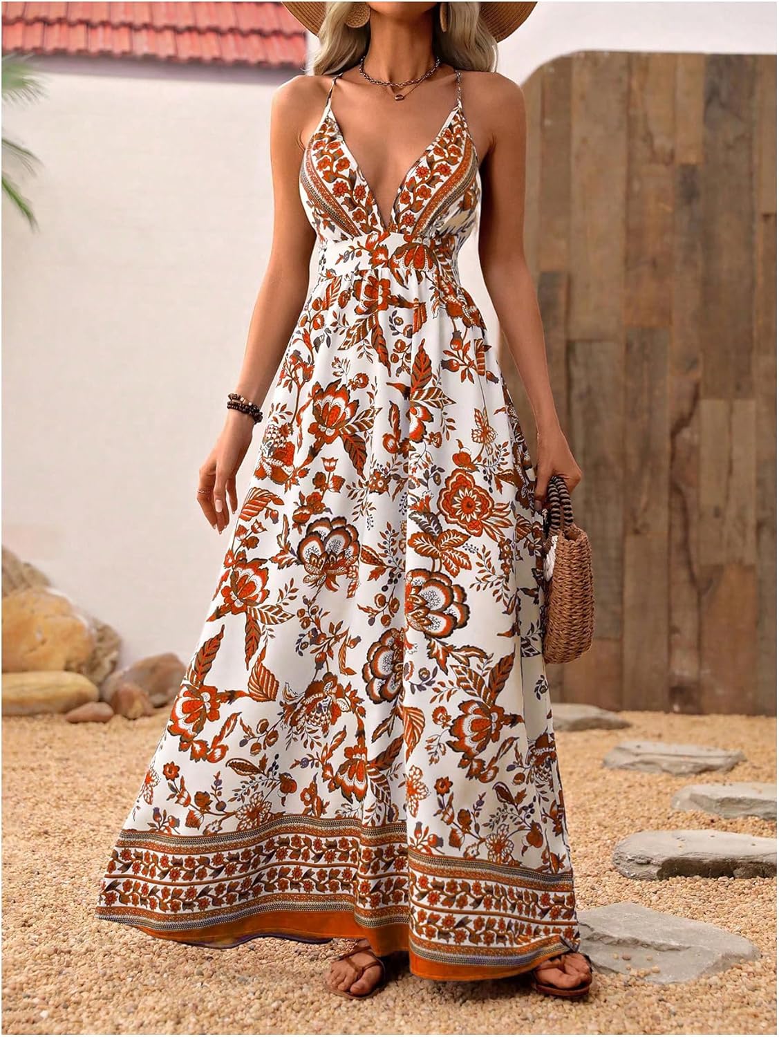MakeMeChic Women's Boho V Neck Sleeveless Maxi Sundress Floral Print Criss Cross Backless Flare Cami Dress