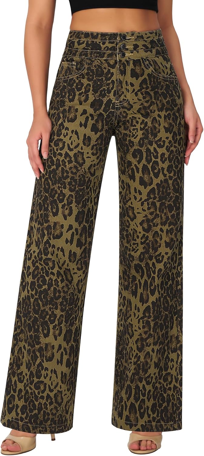 roswear Women's Wide Leg Jeans Casual High Waisted Stretch Baggy Loose Denim Pants