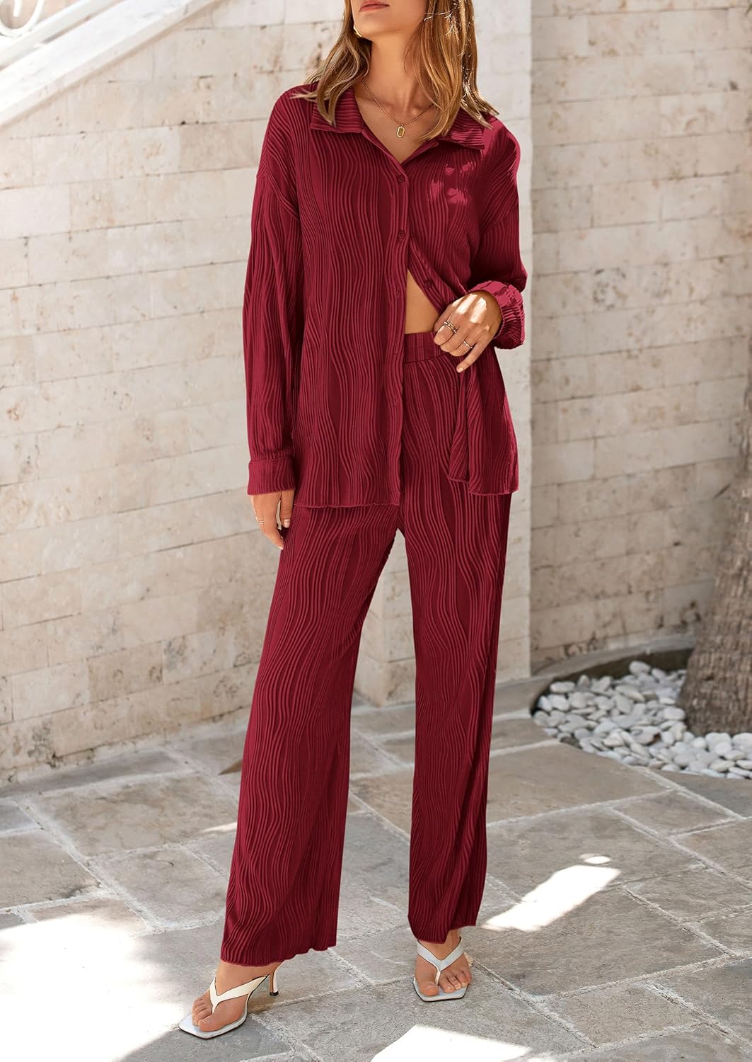 Women's 2 Piece Textured Sets Casual Button Down Shirt Wide Leg Pants Outfit Loungewear Tracksuit