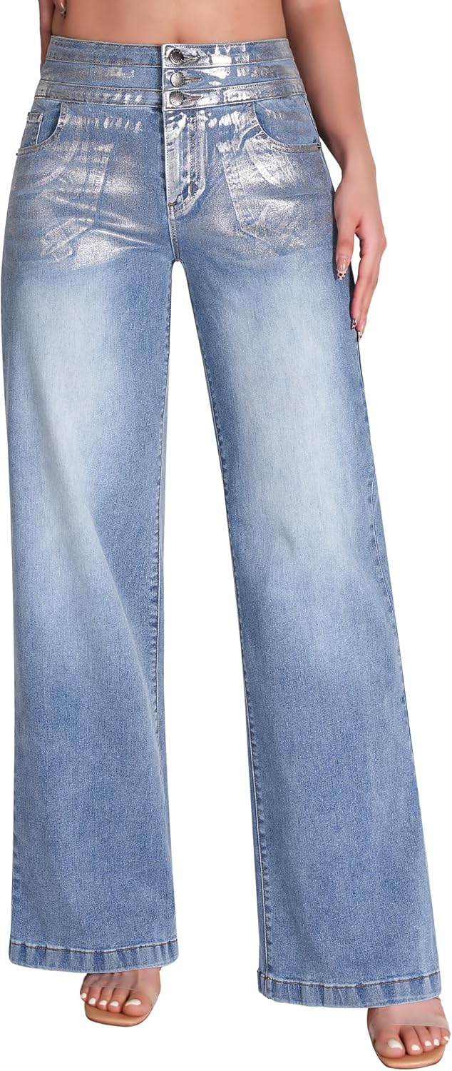 roswear Women's Wide Leg Jeans Casual High Waisted Stretch Baggy Loose Denim Pants