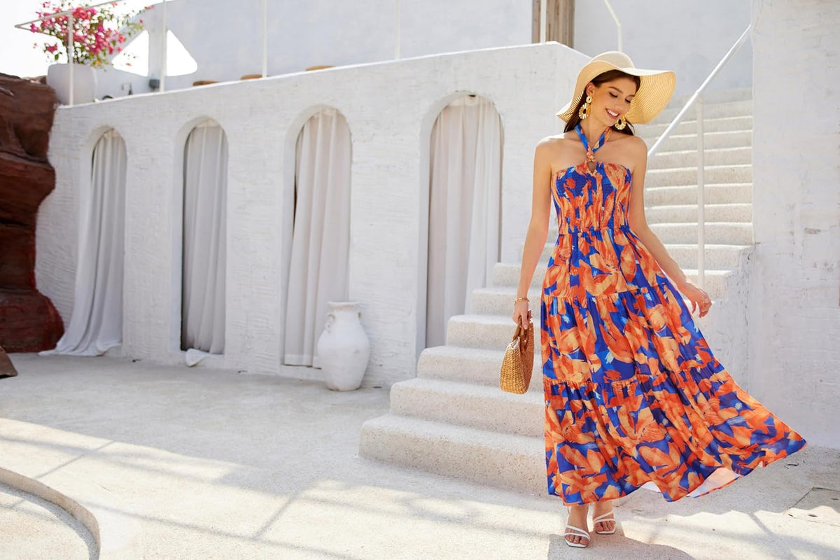 GRACE KARIN Women's Summer Dresses 2025 Halter Neck Sleeveless Smocked Backless Cut Out Floral Flowy A Line Maxi Dress