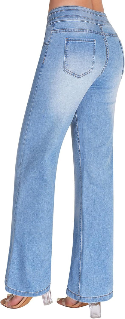 roswear Women's Wide Leg Jeans Casual High Waisted Stretch Baggy Loose Denim Pants