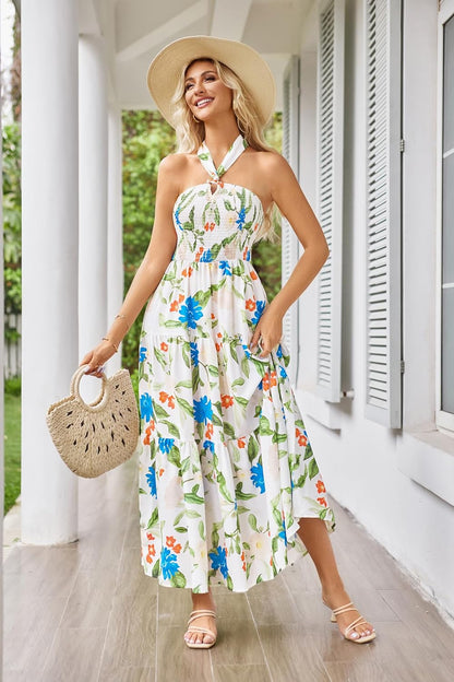 GRACE KARIN Women's Summer Dresses 2025 Halter Neck Sleeveless Smocked Backless Cut Out Floral Flowy A Line Maxi Dress