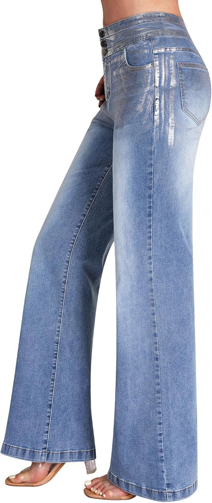 roswear Women's Wide Leg Jeans Casual High Waisted Stretch Baggy Loose Denim Pants