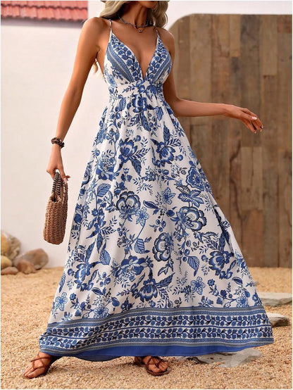 MakeMeChic Women's Boho V Neck Sleeveless Maxi Sundress Floral Print Criss Cross Backless Flare Cami Dress