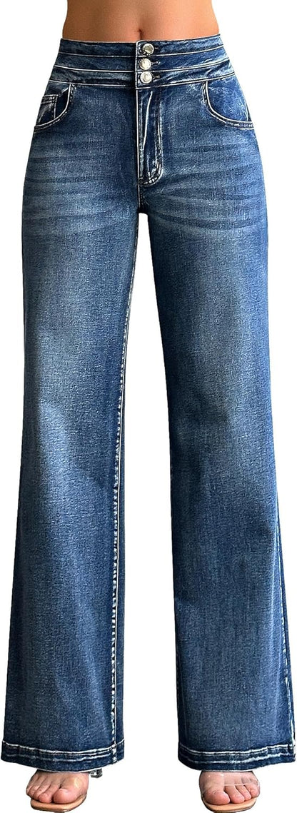 roswear Women's Wide Leg Jeans Casual High Waisted Stretch Baggy Loose Denim Pants