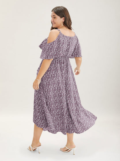 Ditsy Floral Pocket Wrap Cold Shoulder Ruffle Dress